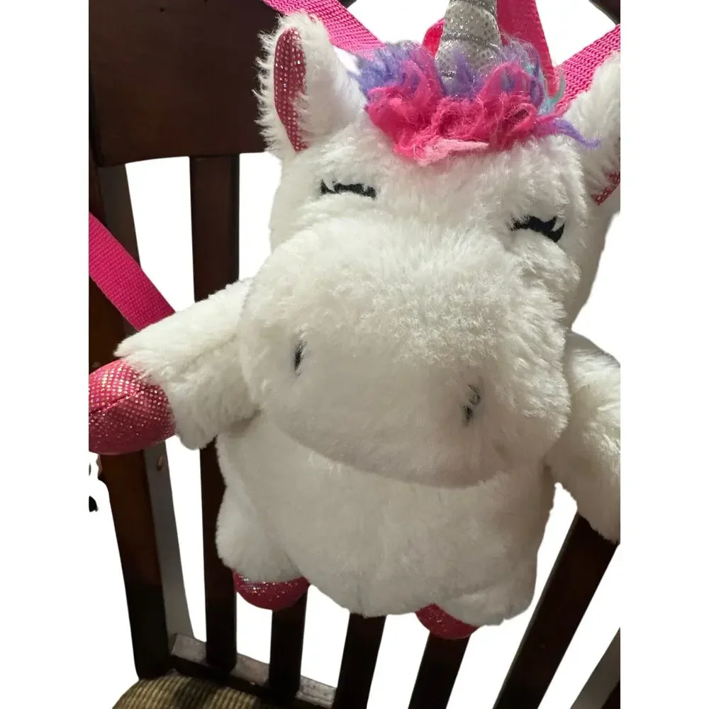 Claire’s Club Plush Unicorn Backpack White Pink Zipper Closure Adjustable Straps
